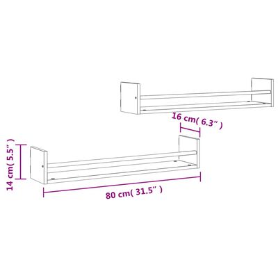 vidaXL 2 db sonoma tölgy fali polc rúddal 80 x 16 x 14 cm