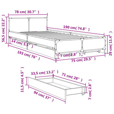 vidaXL sonoma tölgy színű szerelt fa ágykeret fiókokkal 75x 190 cm