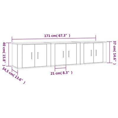 vidaXL 3 db füstös tölgy színű fali TV-szekrény 57 x 34,5 x 40 cm