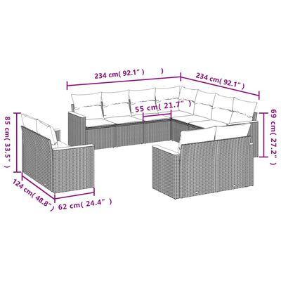 vidaXL 11 részes fekete polyrattan kerti ülőgarnitúra párnákkal