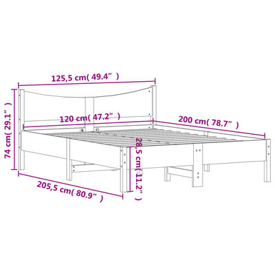 vidaXL tömör fenyőfa ágykeret ágy matrac nélkül 120 x 200 cm