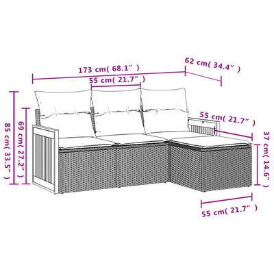 vidaXL 4 részes fekete polyrattan kerti ülőgarnitúra párnákkal