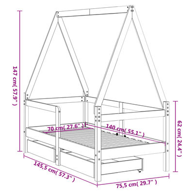 vidaXL fekete tömör fenyőfa gyerekágykeret fiókokkal 70 x 140 cm