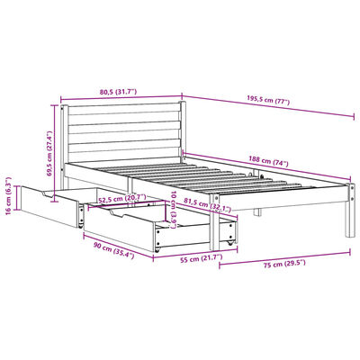 vidaXL fehér tömör fenyőfa ágy matrac nélkül 75 x 190 cm