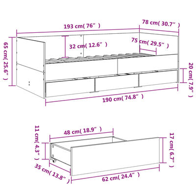 vidaXL sonoma tölgy kanapéágy fiókkal matrac nélkül 75x190 cm