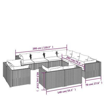 vidaXL 11 részes szürke polyrattan kerti ülőgarnitúra párnákkal