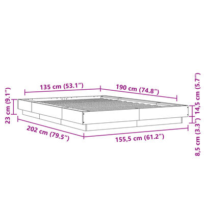 vidaXL barna tölgyszínű szerelt fa ágykeret LED-del 135 x 190 cm