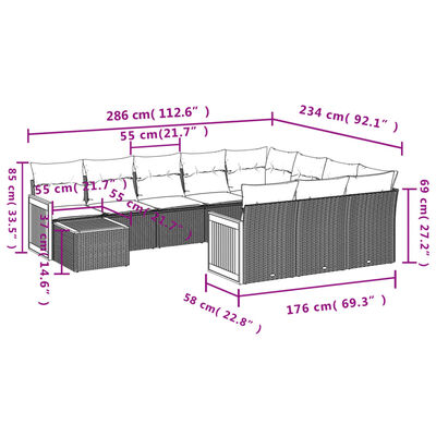 vidaXL 11 részes szürke polyrattan kerti ülőgarnitúra párnákkal