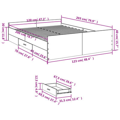 vidaXL sonoma tölgy színű szerelt fa ágykeret fiókokkal 120 x 200 cm