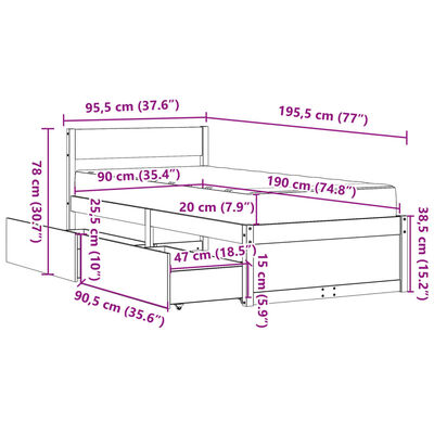 vidaXL fehér tömör fenyőfa ágy fiókokkal és matraccal 90 x 190 cm