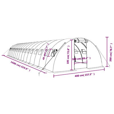 vidaXL fehér acélvázas melegház 64 m² 16 x 4 x 2 m