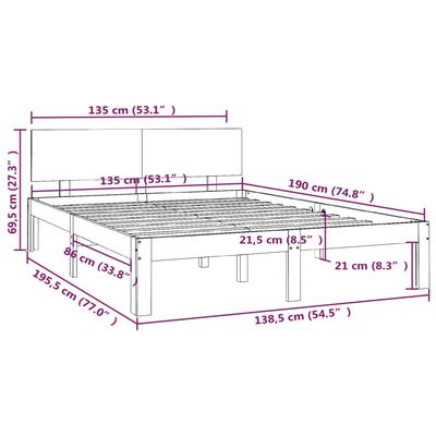 vidaXL fehér tömör fa ágykeret 135 x 190 cm (4FT6 Double)