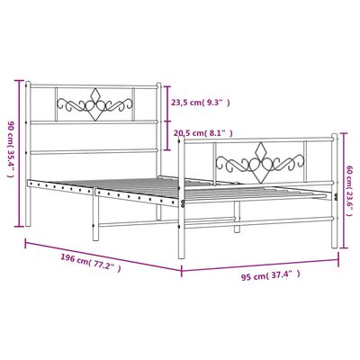 vidaXL fehér fém ágykeret fej- és lábtámlával 90 x 190 cm