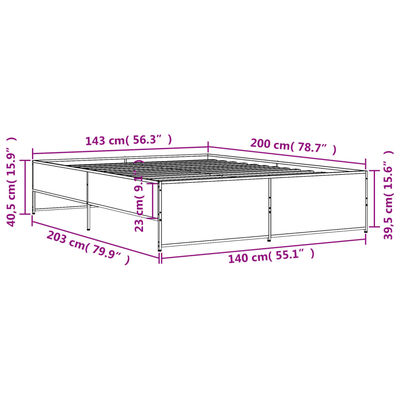 vidaXL füstös tölgy színű szerelt fa és fém ágykeret 140 x 200 cm