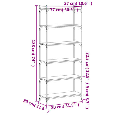 vidaXL 6 szintes fekete szerelt fa könyvespolc 80 x 30 x 188 cm