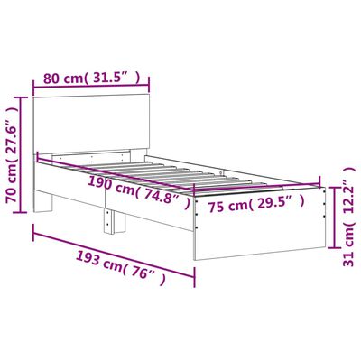 vidaXL barna tölgy színű ágykeret fejtámlával és LED-ekkel 75 x 190 cm