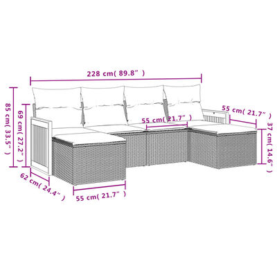 vidaXL 6 részes fekete polyrattan kerti ülőgarnitúra párnákkal