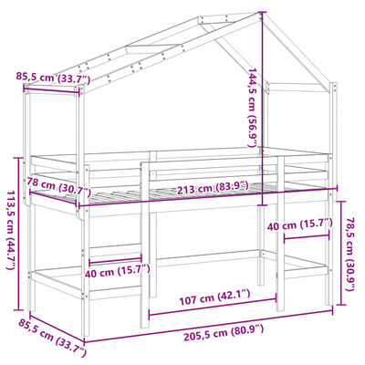 vidaXL fehér tömör fenyőfa galériaágy létrával és tetővel 80 x 200 cm