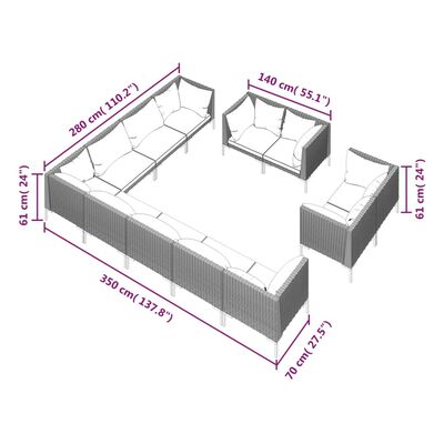 vidaXL 12 részes sötétszürke polyrattan kerti bútorszett párnákkal