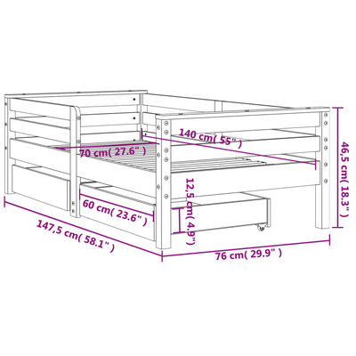 vidaXL fekete tömör fenyőfa gyerekágykeret fiókokkal 70 x 140 cm