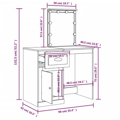 vidaXL világosbarna tölgy fésülködőasztal LED-lámpákkal 90x42x132,5 cm