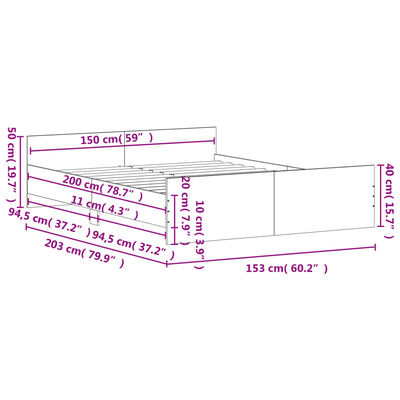 vidaXL füstös tölgy színű ágykeret fej- és lábtámlával 150 x 200 cm