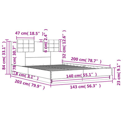 vidaXL szürke sonoma ágykeret fejtámlával és LED-ekkel 140 x 200 cm