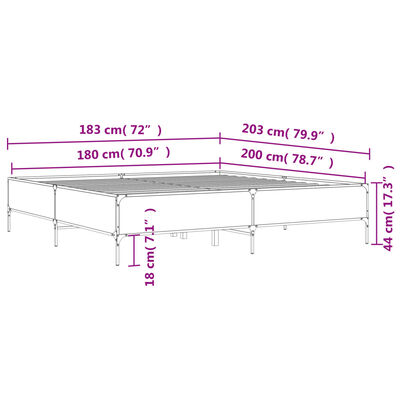 vidaXL füstös tölgy színű szerelt fa és fém ágykeret 180 x 200 cm