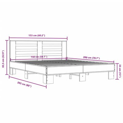 vidaXL sonoma tölgyszínű szerelt fa és fém ágykeret 150 x 200 cm