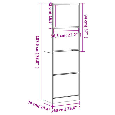 vidaXL sonoma tölgy cipőszekrény 4 kihajtható fiókkal 60x34x187,5 cm