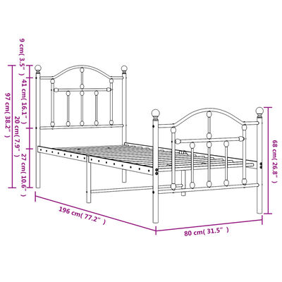 vidaXL fekete fém ágykeret fej- és lábtámlával 75 x 190 cm