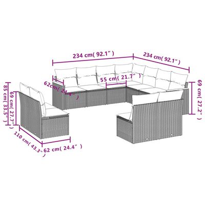 vidaXL 11 részes szürke polyrattan kerti ülőgarnitúra párnákkal