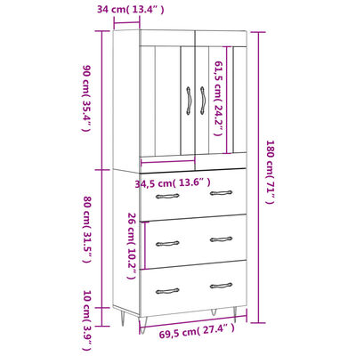 vidaXL füstös tölgy színű szerelt fa magasszekrény 69,5 x 34 x 180 cm