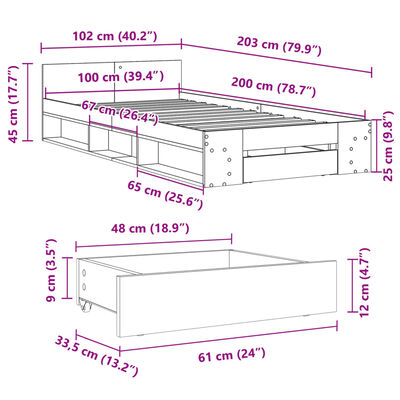 vidaXL szürke sonoma színű szerelt fa ágykeret fiókkal 100 x 200 cm