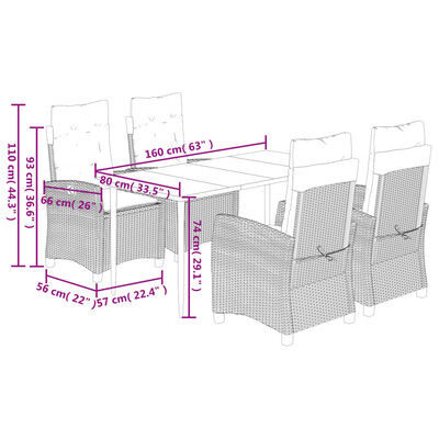 vidaXL 5 részes barna polyrattan kerti étkezőgarnitúra párnákkal