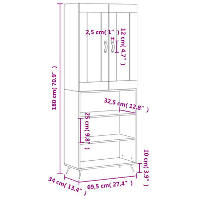 vidaXL füstös tölgy színű szerelt fa magasszekrény 69,5 x 34 x 180 cm