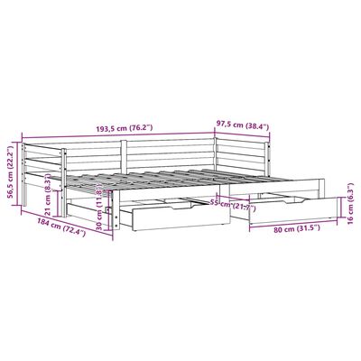 vidaXL fehér tömör fenyőfa kihúzható kanapéágy fiókkal 90x190 cm