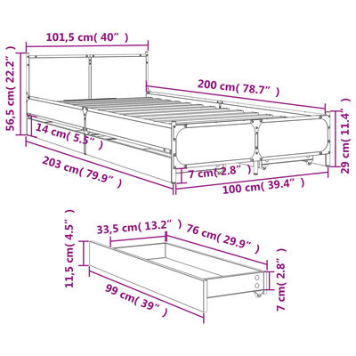 vidaXL sonoma tölgy színű szerelt fa ágykeret fiókokkal 100 x 200 cm