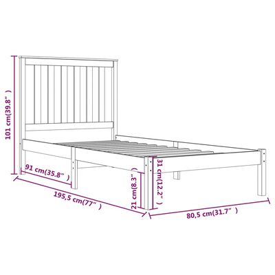 vidaXL Small Single fekete tömör fenyőfa ágykeret 75 x 190 cm