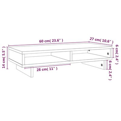 vidaXL szürke tömör fenyőfa monitorállvány 60x27x14 cm