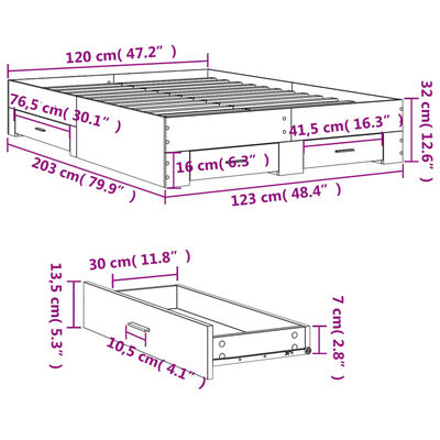 vidaXL szürke sonoma színű szerelt fa ágykeret fiókokkal 120 x 200 cm