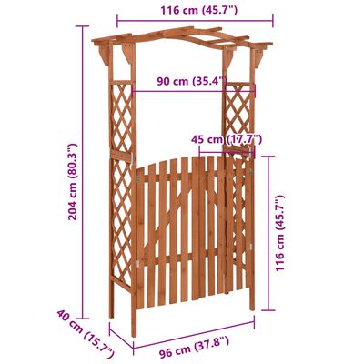 vidaXL tömör fenyőfa pergola kapuval 116 x 40 x 204 cm