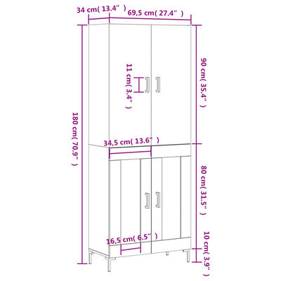 vidaXL barna tölgy színű szerelt fa magasszekrény 69,5 x 34 x 180 cm