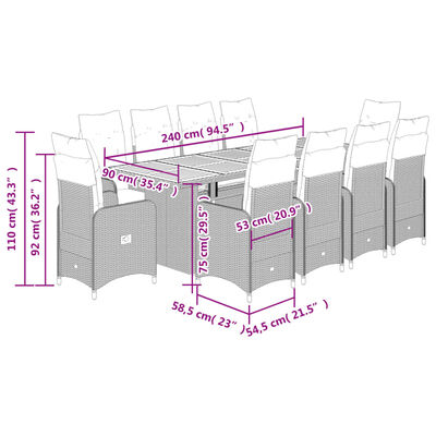 vidaXL 11 részes szürke polyrattan kerti bisztrógarnitúra párnákkal