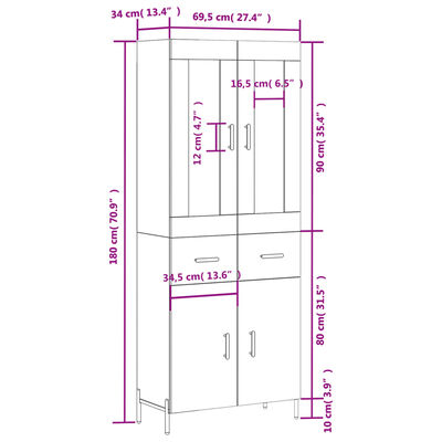 vidaXL füstös tölgy színű szerelt fa magasszekrény 69,5 x 34 x 180 cm