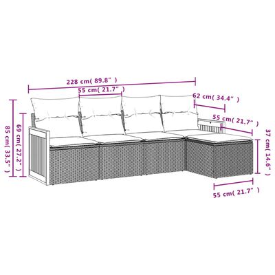 vidaXL 5 részes fekete polyrattan kerti kanapészett párnákkal