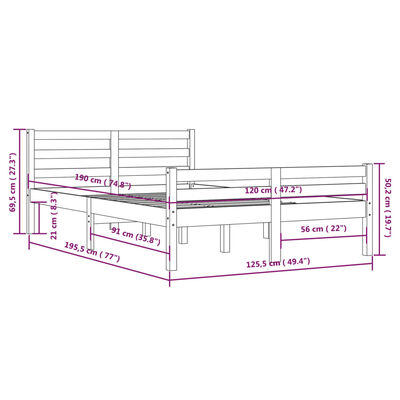 vidaXL Small Double szürke tömör fa ágykeret 120 x 190 cm