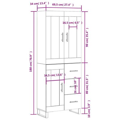 vidaXL barna tölgy színű szerelt fa magasszekrény 69,5 x 34 x 180 cm