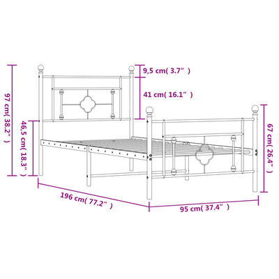 vidaXL fekete fém ágykeret fej- és lábtámlával 90 x 190 cm