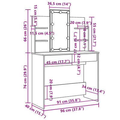 vidaXL füstös tölgy színű fésülködőasztal LED-lámpákkal 96x40x142 cm